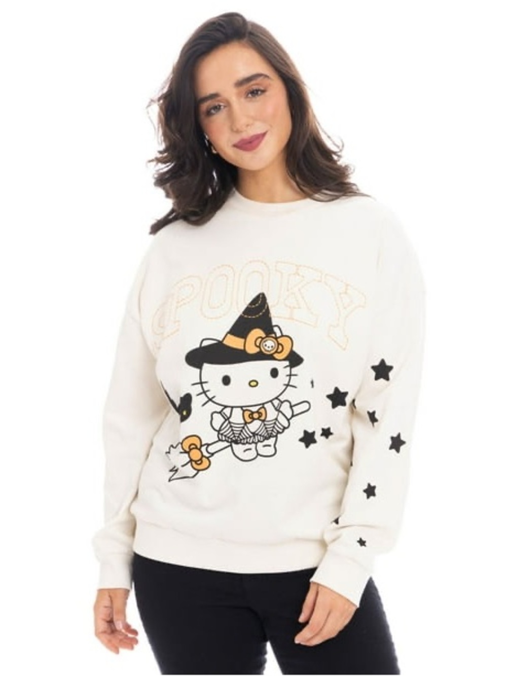 Hello Kitty Cream Crewneck Sweater with Black Star Accents